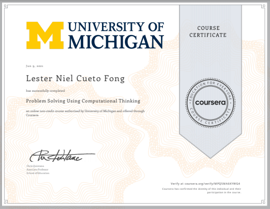 Computational Thinking course certificate